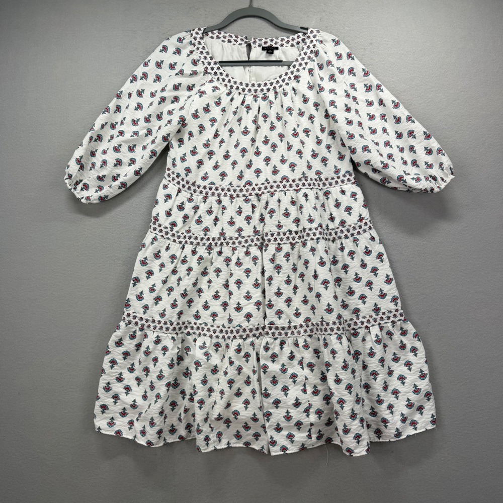 Ann Taylor Tiered Dress Womens XSโ White Red Blue Floral Block Print Boho Mini